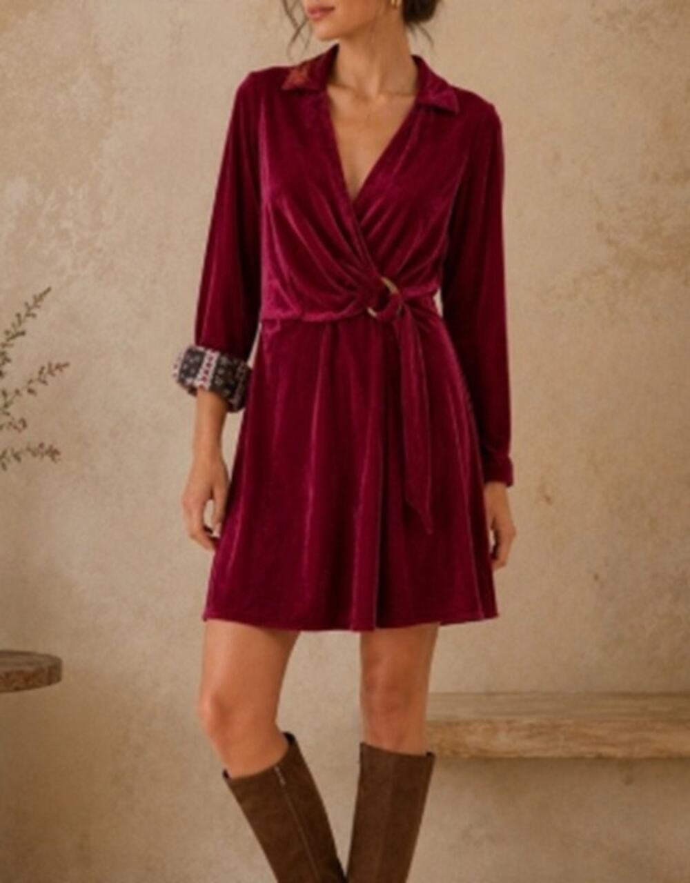 Anthropologie Velvet Wrap Dress in Wine Red